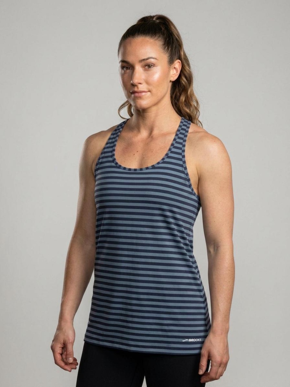 Brooks Running Stripe Racerback Tank Top Blue Athletic Workout Gym Size L Large